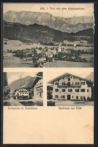 AK Erl, Ortsansicht mit dem Kaisergebirge, Dorfpartie mit Kranzhorn, Gasthaus zur Post