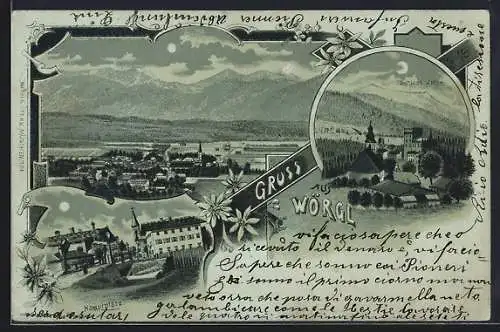 Mondschein-Lithographie Wörgl, Panorama, Hauptplatz und Schloss Itter