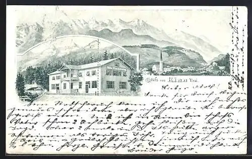 Lithographie Rinn /Tirol, Panorama und Hotel Villa Zimmermann