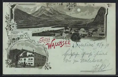 Mondschein-Lithographie Walchsee i. Tirol, Panorama und Gasthof zur Post