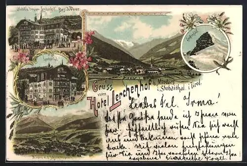 Lithographie Mieders i. Stubaital, Hotel Lerchenhof, Zuckerhühtl und Ansicht Mieders m. d. Schlickerspitzen