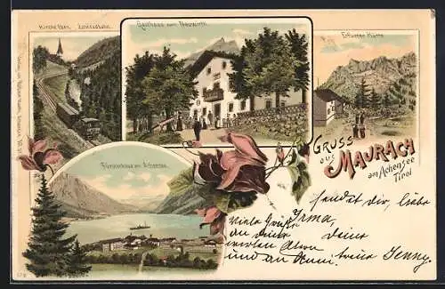 Lithographie Maurach am Aachensee, Kirche Eben Zahnradbahn, Gasthaus zum Neuwirth und Erfurter Hütte