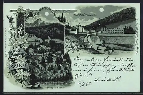 Mondschein-Lithographie Matrei, Wallfahrt-Waldrast und Schloss Trautson