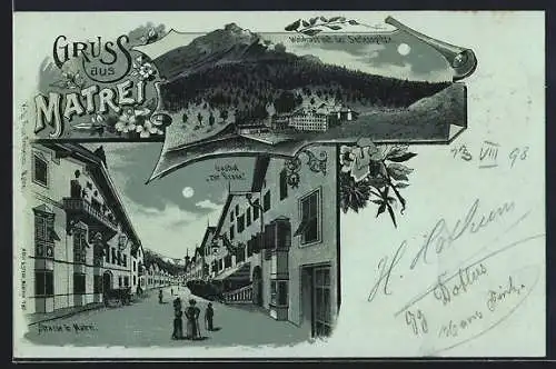 Mondschein-Lithographie Matrei, Strasse in Matrei mit Gasthof zur Krone und Waldrast mit der Serlesspitze