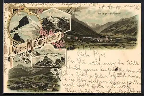 Lithographie Mieders i. Stubaital, Zuckerhütl, Wilder Freiger und Mieders gegen die Gletscher