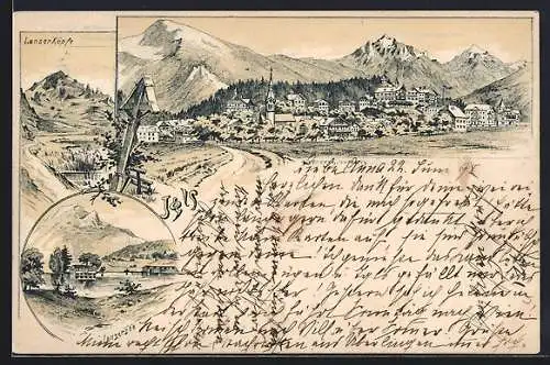 Lithographie Igls, Lanserköpfe, Lansersee und Gesamtansicht