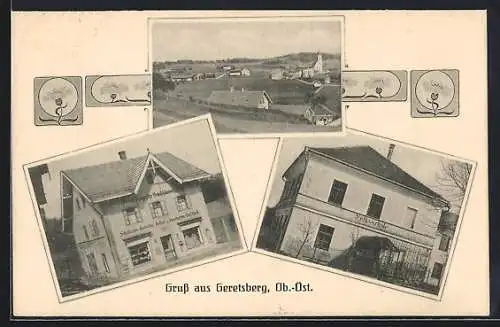 AK Geretsberg /Ob.-Öst., Panorama, Volksschule und Gemischtwarenladen