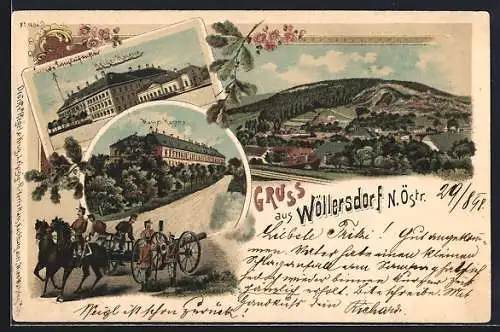 Lithographie Wöllersdorf /N. Östr., Heide-Kaserne, Wasser-Kaserne und Panorama