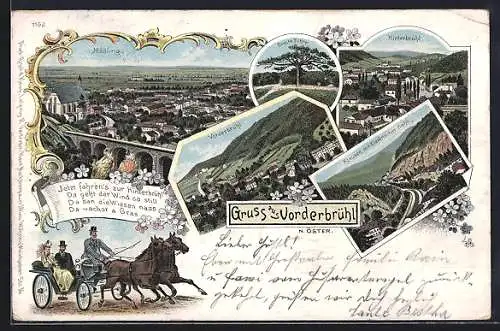 Lithographie Mödling, Teilansicht, Klausen mit Elektrischer Bahn, Vorderbrühl