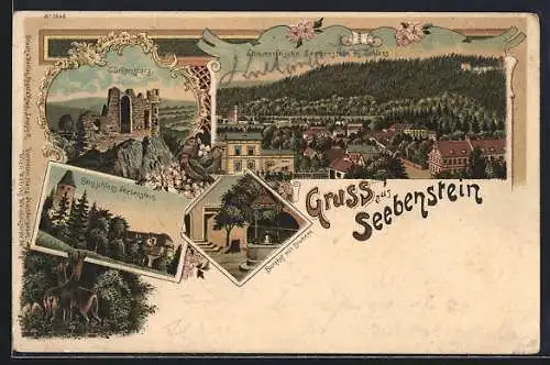 Lithographie Seebenstein, Ruine Türkensturz, Bergschloss, Burghof mit Brunnen, Gesamtansicht