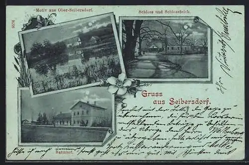 Mondschein-AK Seibersdorf, Schloss und Schlossteich, Bahnhof, Weiher