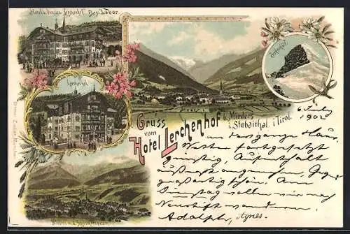 Lithographie Mieders im Stubaithal, Hotel Lerchenhof, Ortsansicht