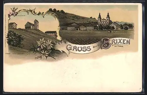 Lithographie Brixen im Thale, Hohe Salve, Gesamtansicht