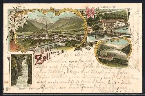 Lithographie Zell am Ziller, Gasthof zur Post, Berliner Hütte im Zemmgrund, Gesamtansicht gegen Tristnerspitze