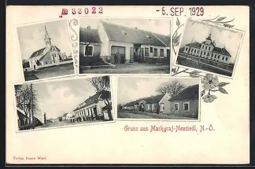 AK Markgraf-Neusiedl /N.-Ö., Die Kirche, Ortspartien, Geschäftshaus