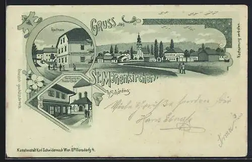 Mondschein-Lithographie St. Marienkirchen b. Schärding, Gasthaus und Fleischhauerei, Handlung des Theodor Ebner