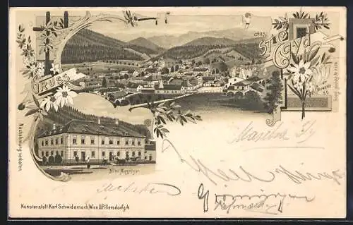 Lithographie St. Aegyd am Neuwalde, Panorama, Hotel Magritzer