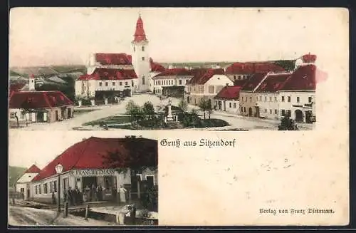 AK Sitzendorf, Geschäftshaus Franz Dietmann, Ortsansicht mit Kirche