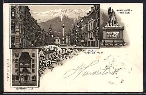 Vorläufer-Lithographie Innsbruck, 1895, Goldenes Dach, Maria Theresienstrasse und Andreas Hofer-Denkmal