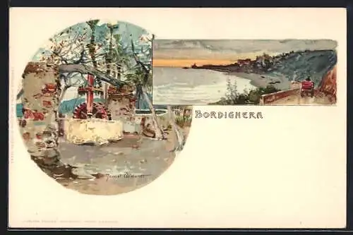 Künstler-Lithographie Manuel Wielandt: Bordighera, Wasserbrunnen und Küste