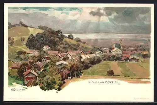 Künstler-AK Kochel, Gesamtansicht mit Kochelsee