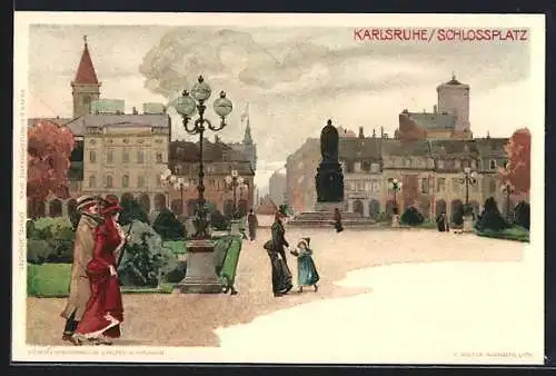 Künstler-AK Heinrich Kley: Karlsruhe, Schlossplatz mit Leuten, Denkmal