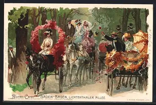 Künstler-AK Heinrich Kley: Baden-Baden, Kutschen begegnen sich auf der Lichtenthaler Allee