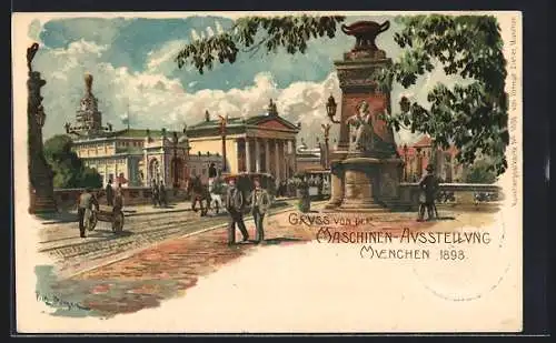 Künstler-AK Fritz Bergen: München, Maschinen-Ausstellung 1898, Strassenbahn