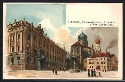 Lithographie Passau, Passanten auf dem Residenzplatz, Blick zurFürstbischöfl. Residenz