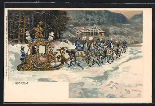 Künstler-Lithographie Fritz Bergen: Linderhof, Ludwig II. in seiner Kutsche im Winter