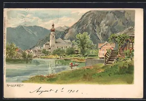 Künstler-Lithographie Edward Theodore Compton: Nassereith, Blick nach dem Ort