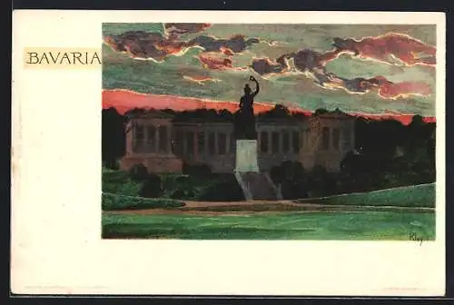 Künstler-AK Heinrich Kley: München, Bavaria und Ruhmeshalle im Abendrot