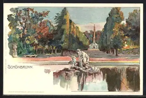 Künstler-Lithographie H. Junker: Wien-Schönbrunn, Partie im Park