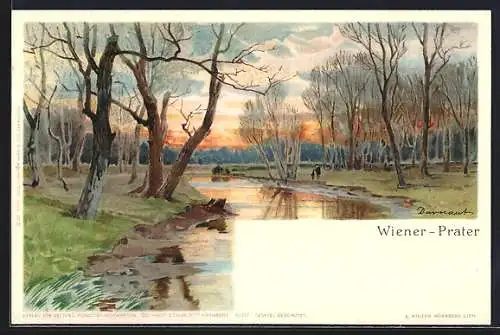 Lithographie Wien, Partie im Prater bei Sonnenuntergang