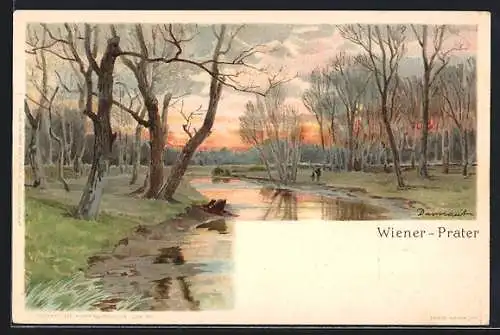 Lithographie Wien, Partie im Prater bei Sonnenuntergang