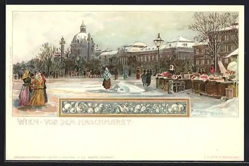 Lithographie Wien, Vor dem Naschmarkt im Winter