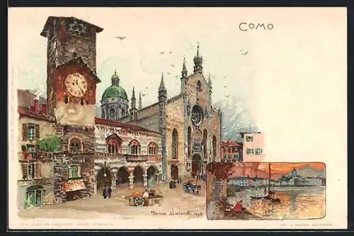 Künstler-AK Manuel Wielandt: Como, Marktplatz mit Blickauf die riesige Kirchturmuhr