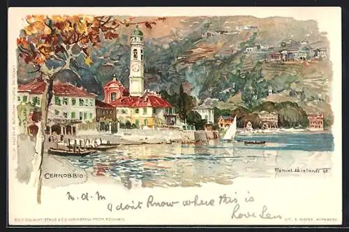 Künstler-AK Manuel Wielandt: Cernobbio, Bootsanlegestelle am Ufer neben der Kirche