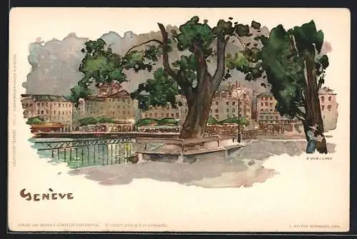 Künstler-Lithographie Fritz Voellmy: Genève, Ortspartie unter Bäumen