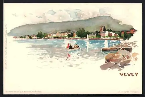 Künstler-Lithographie Fritz Voellmy: Vevey, Blick nach dem Ort