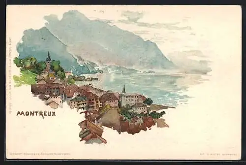 Künstler-AK Fritz Voellmy: Montreux, Ortsansicht mit Blick auf den See