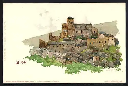 Künstler-AK Fritz Voellmy: Sion, Blick zur Burg mit Wallfahrtskirche