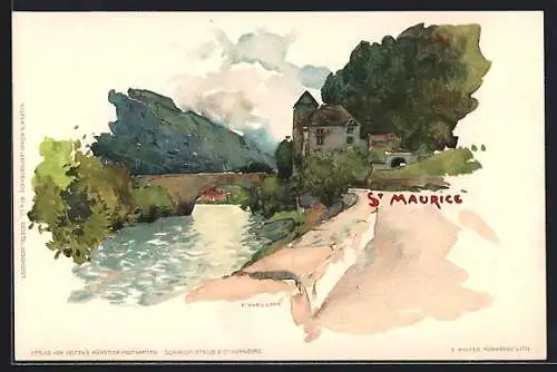 Künstler-Lithographie Fritz Voellmy: St. Maurice, Panorama