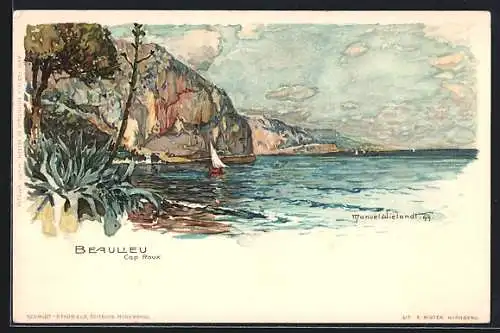 Künstler-Lithographie Manuel Wielandt: Beaulieu, Cap Roux, Segelboot