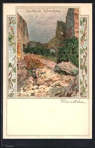 Lithographie Dürnstein, Blick zur Ruine