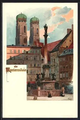 Künstler-AK Heinrich Kley: München, Mariensäule bei der Frauenkirche