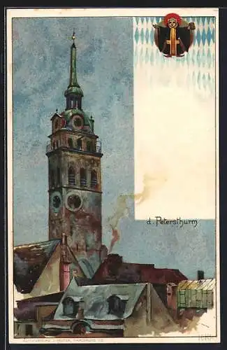 Künstler-AK Heinrich Kley: München, der Petersturm mit Münchener Kindl