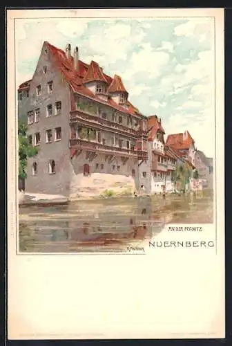 Künstler-AK K. Mutter: Nürnberg, An der Pegnitz, Häuser am Flussufer