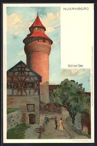 Künstler-Lithographie Karl Mutter: Muernberg, Vestner Turm