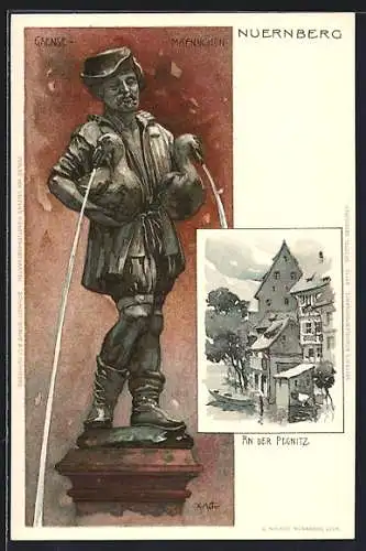 Künstler-AK K. Mutter: Nürnberg, Gänse-Männchen Statue, Partie an der Pegnitz